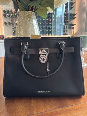 Michael Kors Black Leather Satchel Silver-Tone Charm and Matching Wallet New